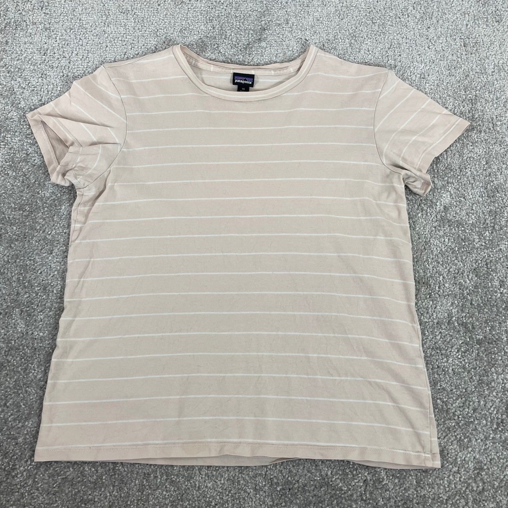 Patagonia T Shirt Womens‎ Extra Small Striped Short Sleeve Crew Neck Tan White